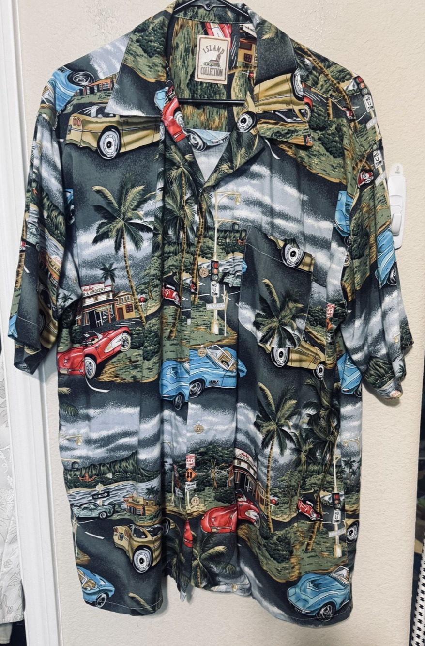 Island‎ Collection Hawaiian Button Up Shirt classic cars beach mens Large
